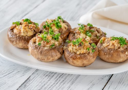 Stuffed,Mushroom,Caps,With,Cream,Cheese,,Breadcrumbs,And,Parmesan